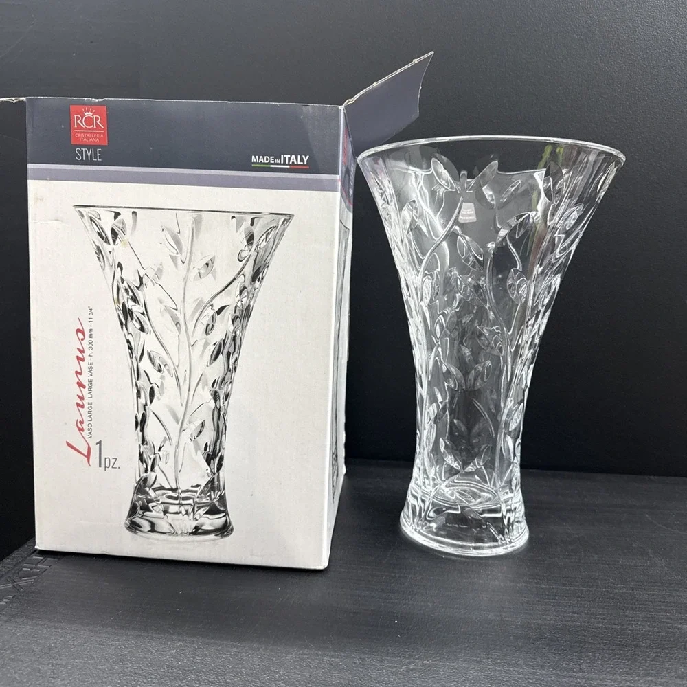 RCR Royal Crystal Rock Laurus Clear Lead Vase Made in Italy LARGE 12
